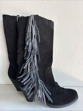 Reba Black Suede Fringe Mid-Calf Heeled Boots